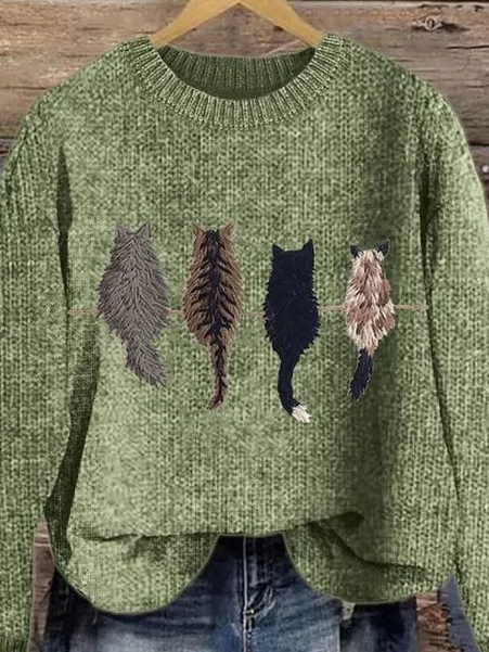 Women's Cute Cat Print Knitted Sweater