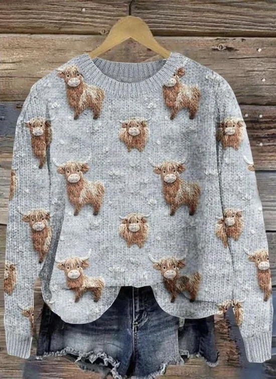 Womens Vintage Highland Cow Casual Knitted Sweater