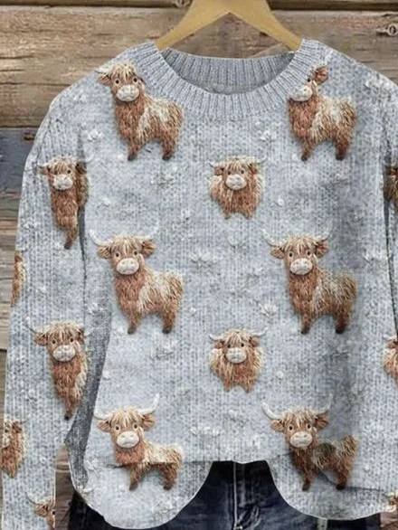 Womens Vintage Highland Cow Casual Knitted Sweater