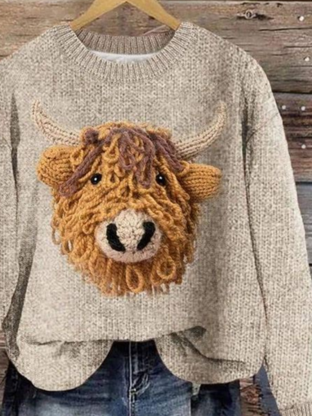 Women's Vintage Highland Cow Print Crew Neck Sweater