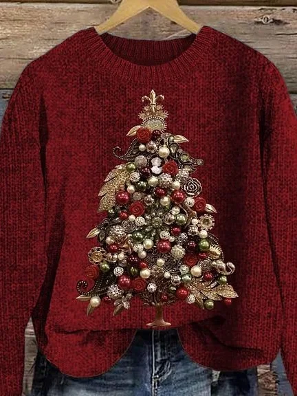 Women's Knitted Crew Neck Casual Christmas Tree Sweater