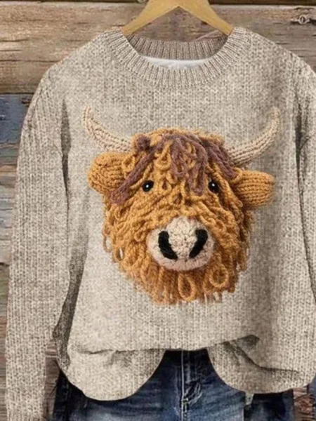 Women's Vintage Highland Cow Print Crew Neck Sweater