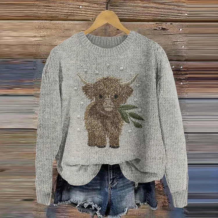 Highland Cow Embroidered Printed Knitted Pullover Sweater