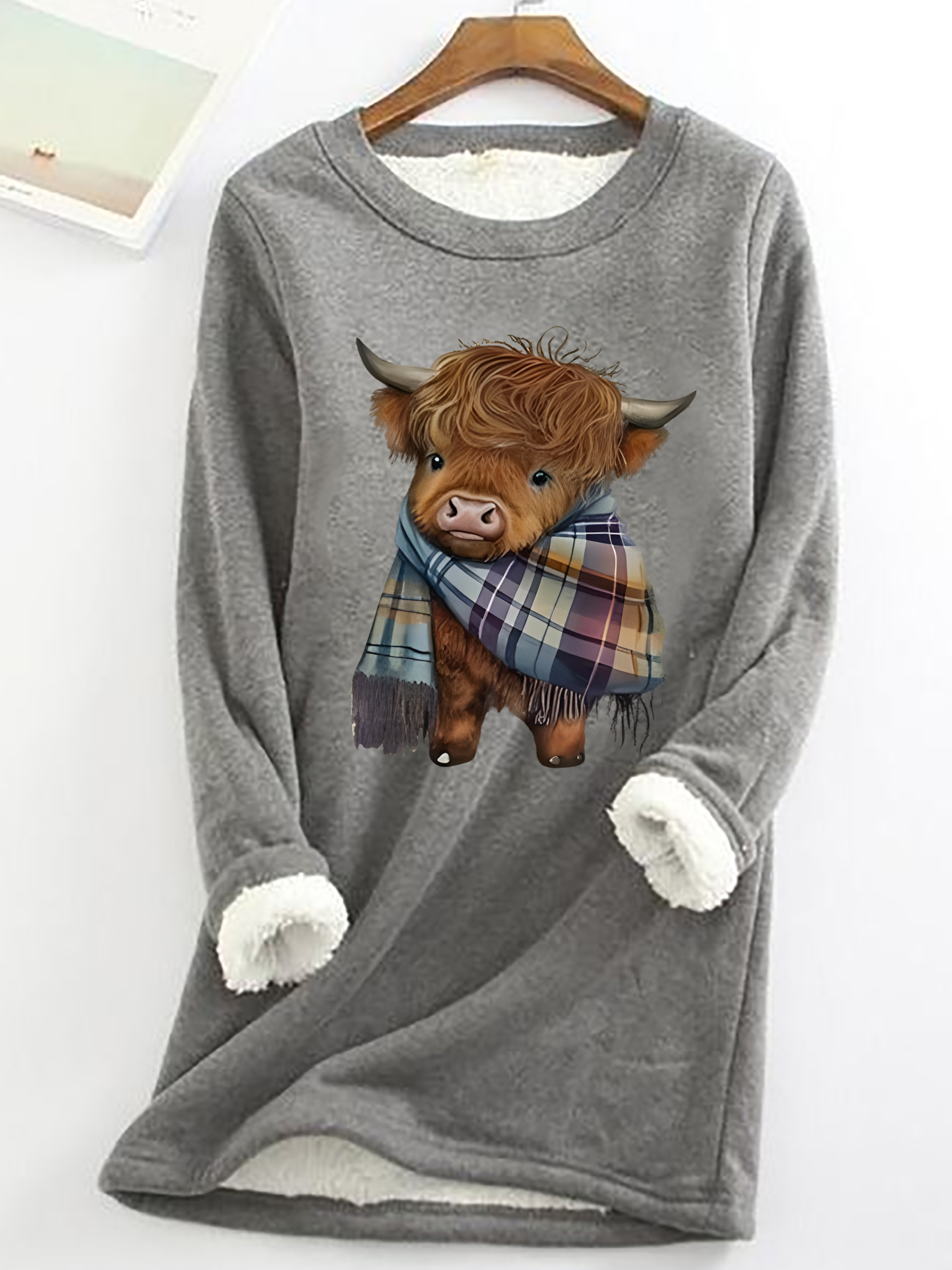 Highland Cow Print Casual Fluff Fleece Fabric Sweatshirt