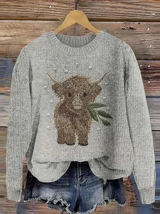 Highland Cow Embroidered Printed Knitted Pullover Sweater