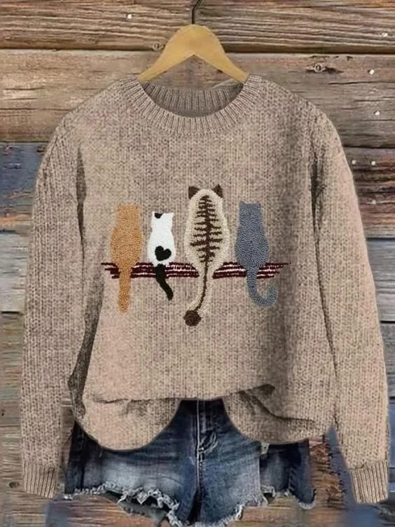 Women's Cute Cat Print Knitted Sweater