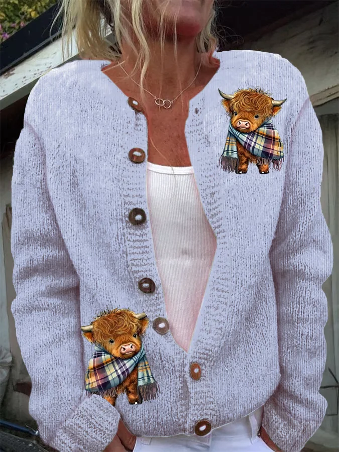 Women's Casual Highland Cow Print Knit Cardigan