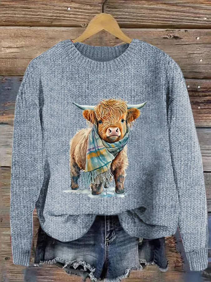 Women's Casual Highland Cow Knit Sweatshirt