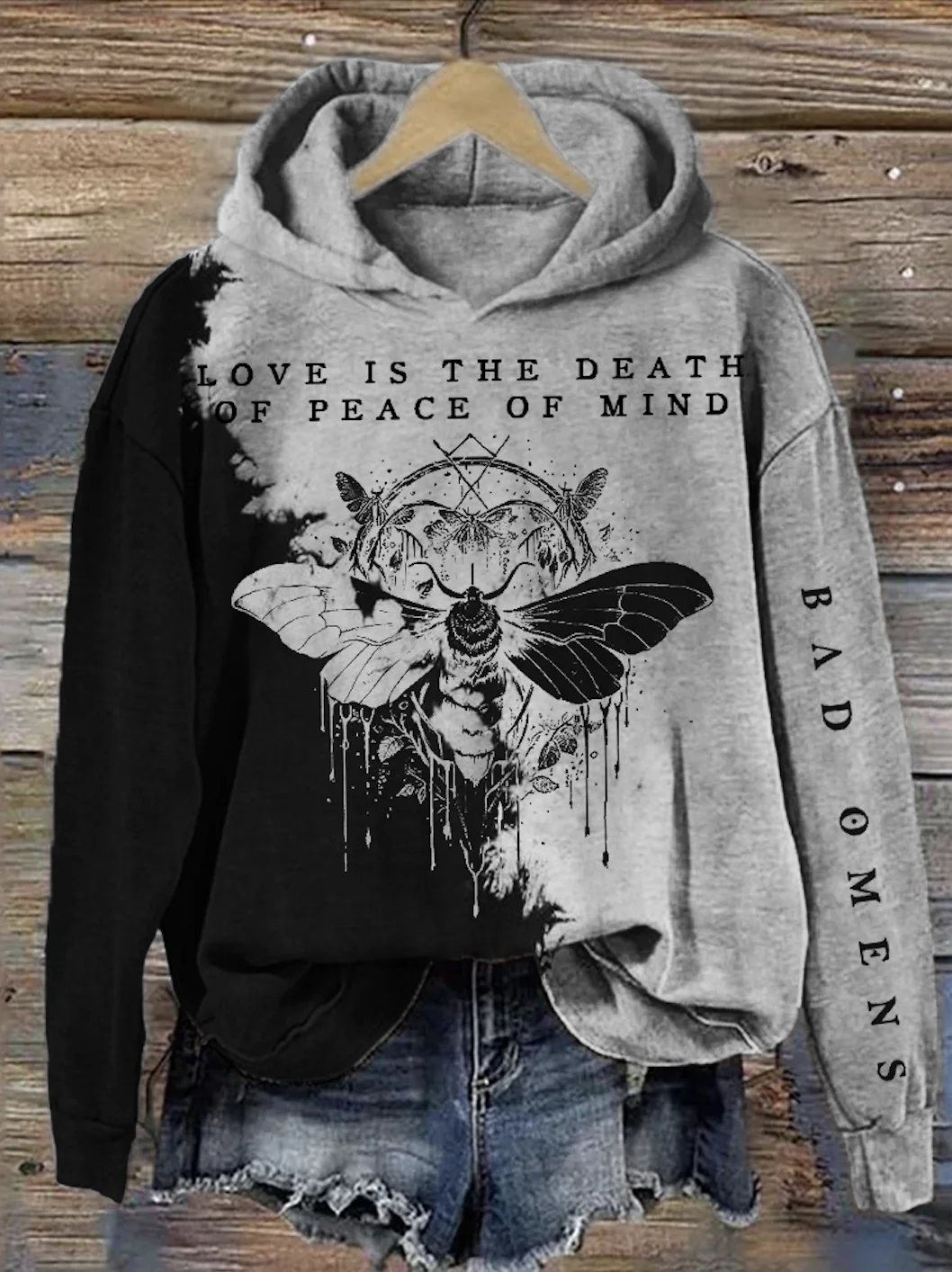 Rock band style moth contrasting tie dye hoodie