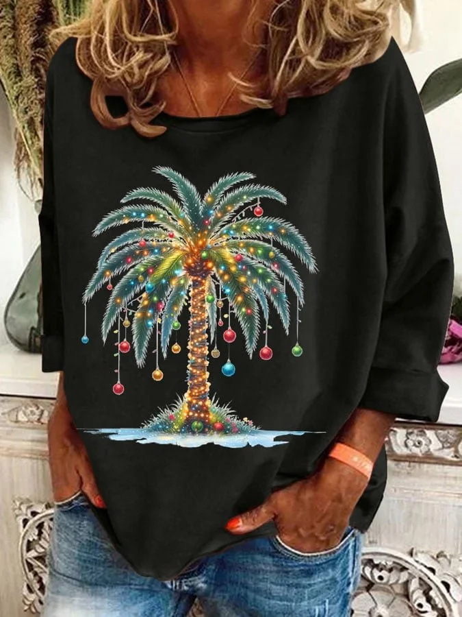 Ladies' Christmas Palm Tree Printed Casual Sweatshirt