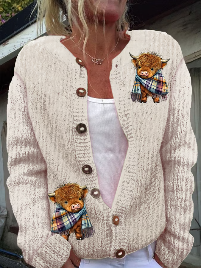 Women's Casual Highland Cow Print Knit Cardigan