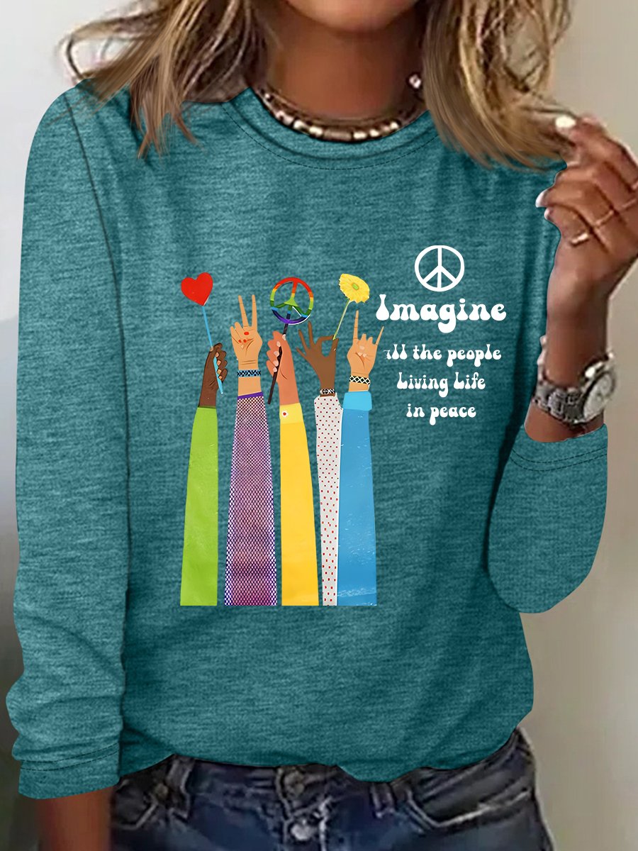 Imagine All The People Living Life In Peace Art Print Casual Long Sleeve Shirt