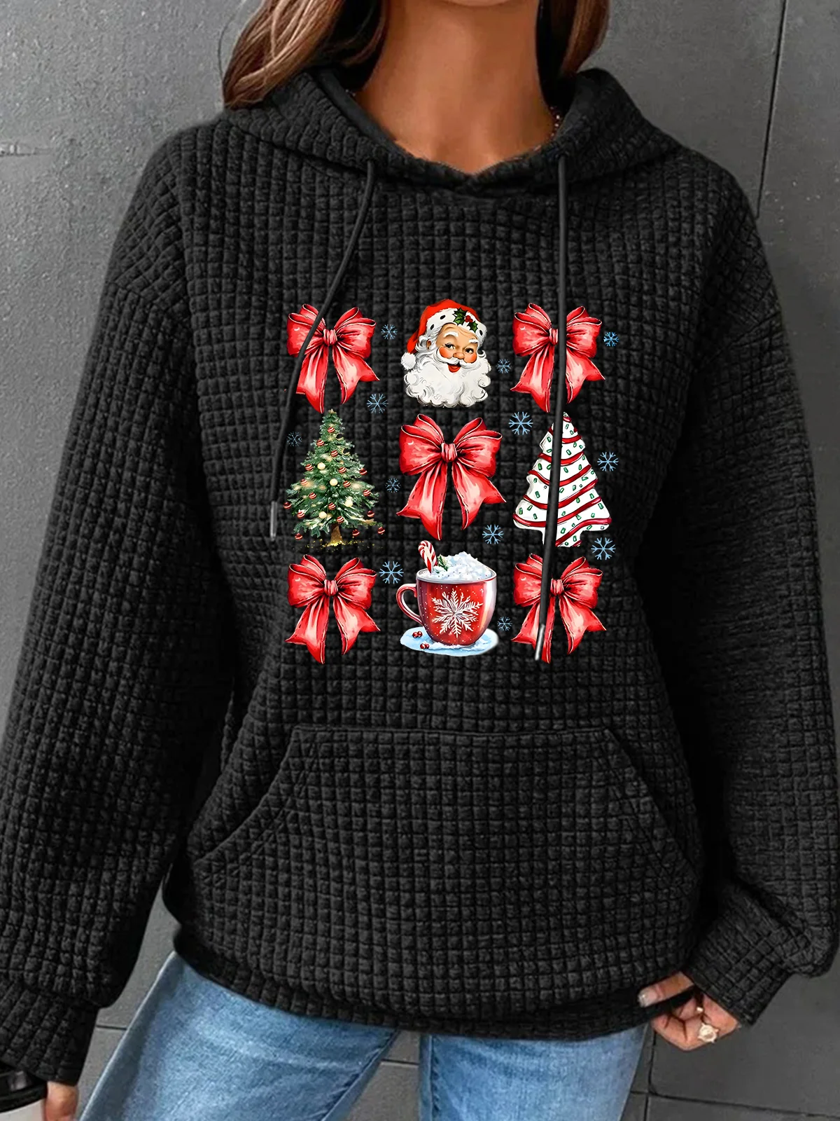 Coquette Christmas Santa Hot Cocoa Candy Cane Xmas Tree Cake Simple Loose Hoodie