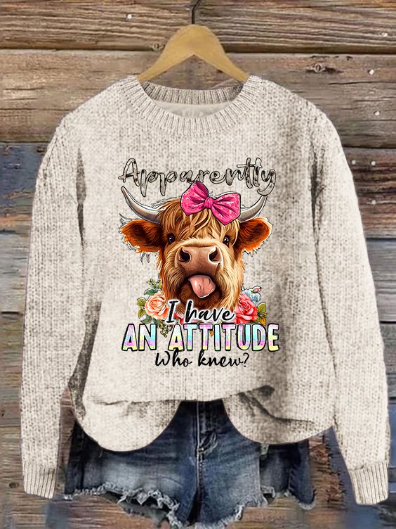 Women's Cute Highland Cow Print Knitted Crew Neck Sweater