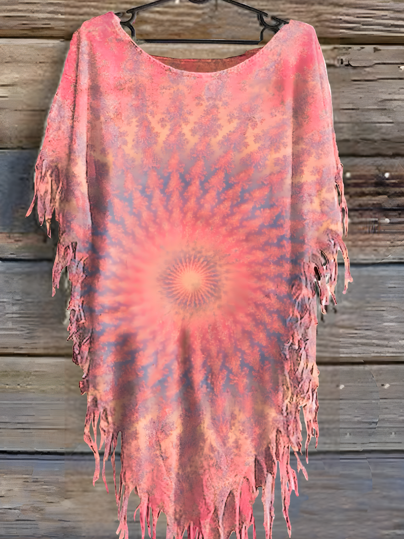 Women's Vintage Tie Dye Print Punk Hippie Batwing Tussle Fringes Poncho T-Shirt