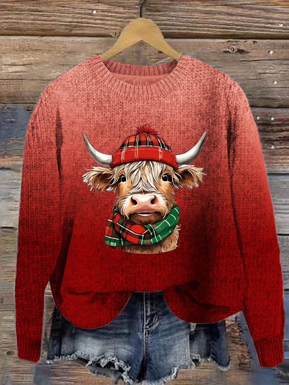 Women's Christmas Highland Cow Print Knitted Crew Neck Sweater