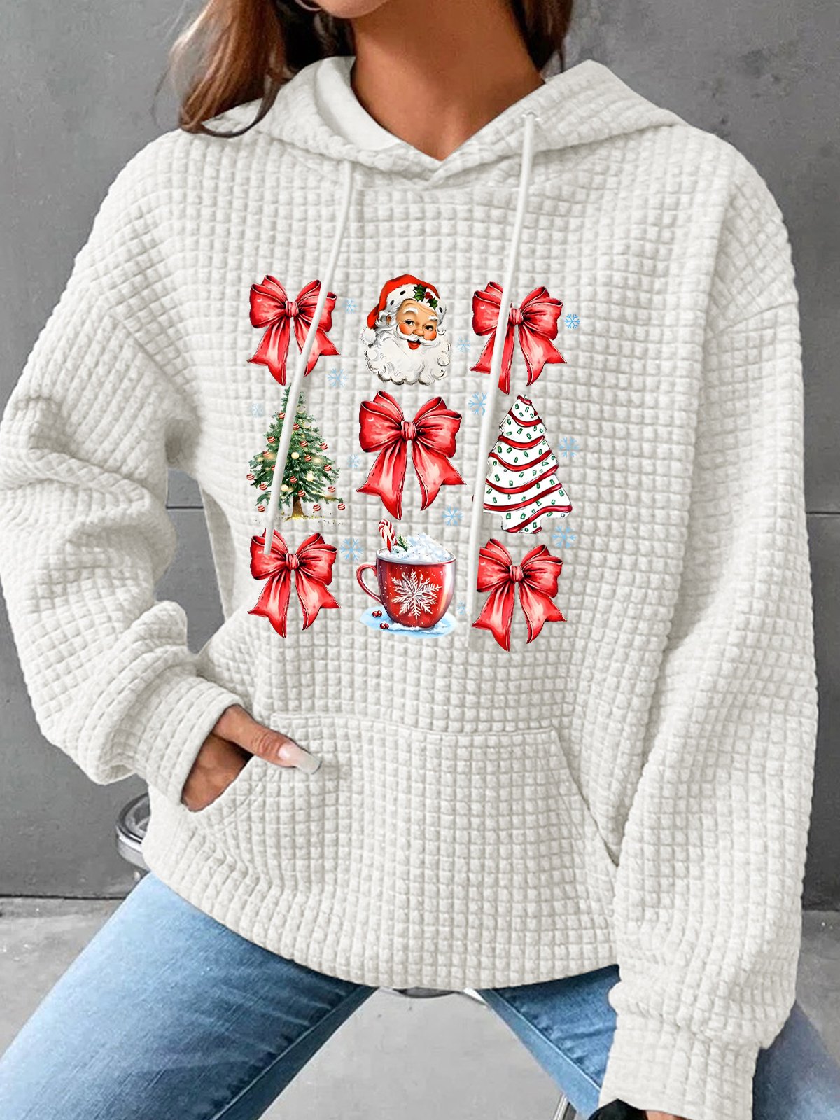 Coquette Christmas Santa Hot Cocoa Candy Cane Xmas Tree Cake Simple Loose Hoodie