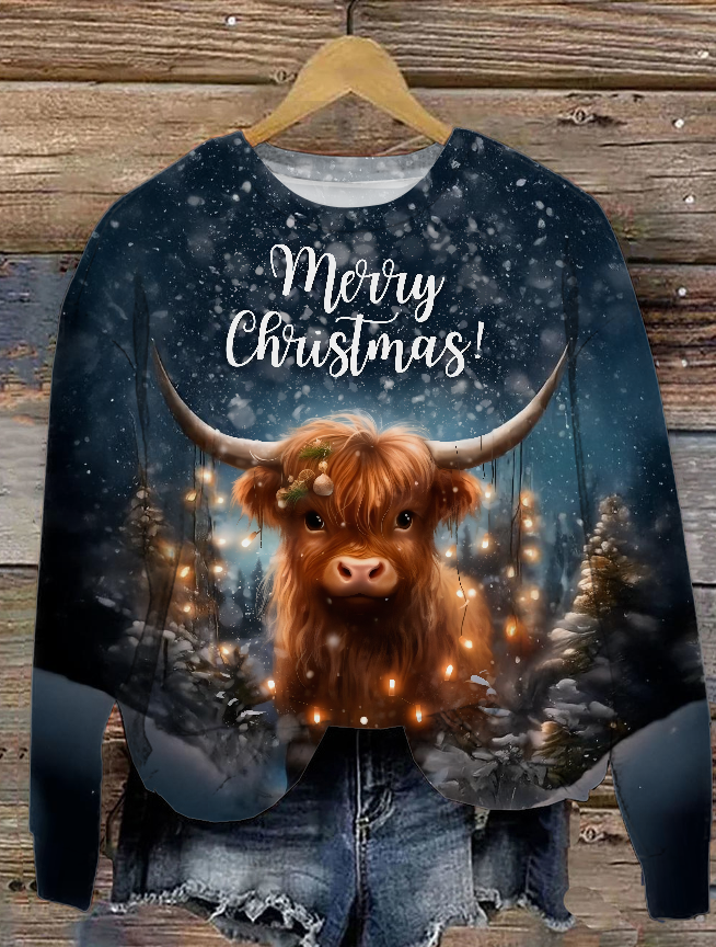 Women's Christmas Cute Highland Cow Printed Crew Neck Sweatshirt