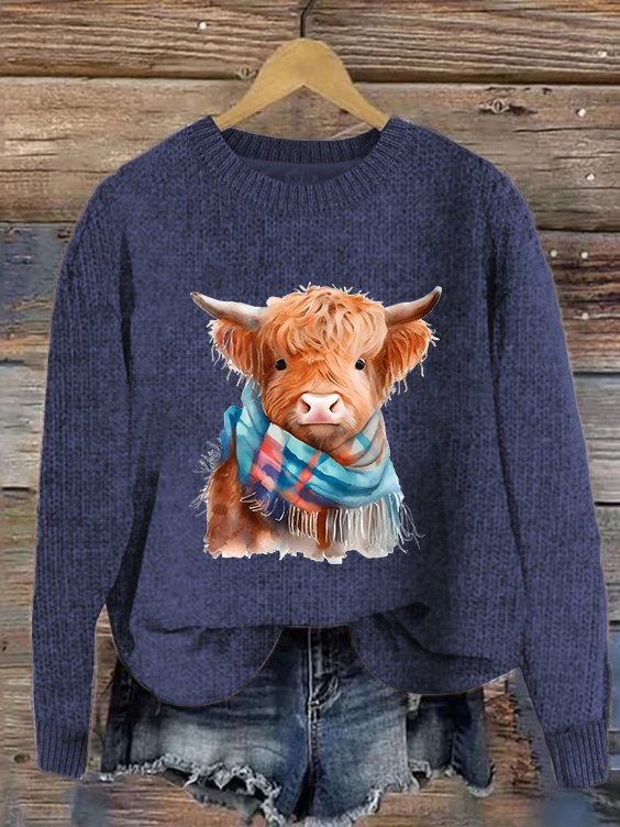 Women's Cute Highland Cow Print Knitted Crew Neck Sweater