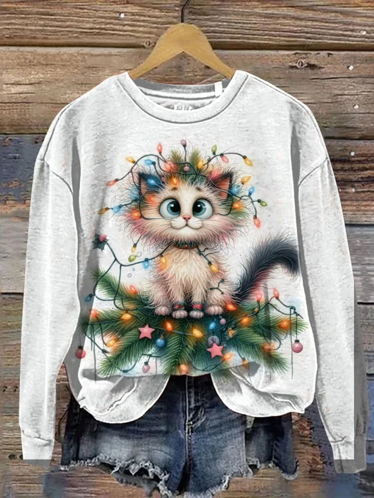 Christmas Cat Art Print Casaul Sweatshirt