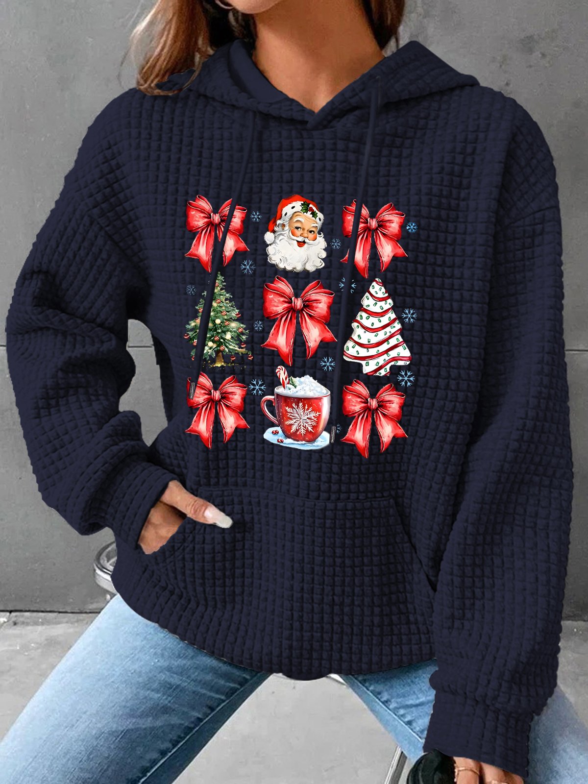 Coquette Christmas Santa Hot Cocoa Candy Cane Xmas Tree Cake Simple Loose Hoodie