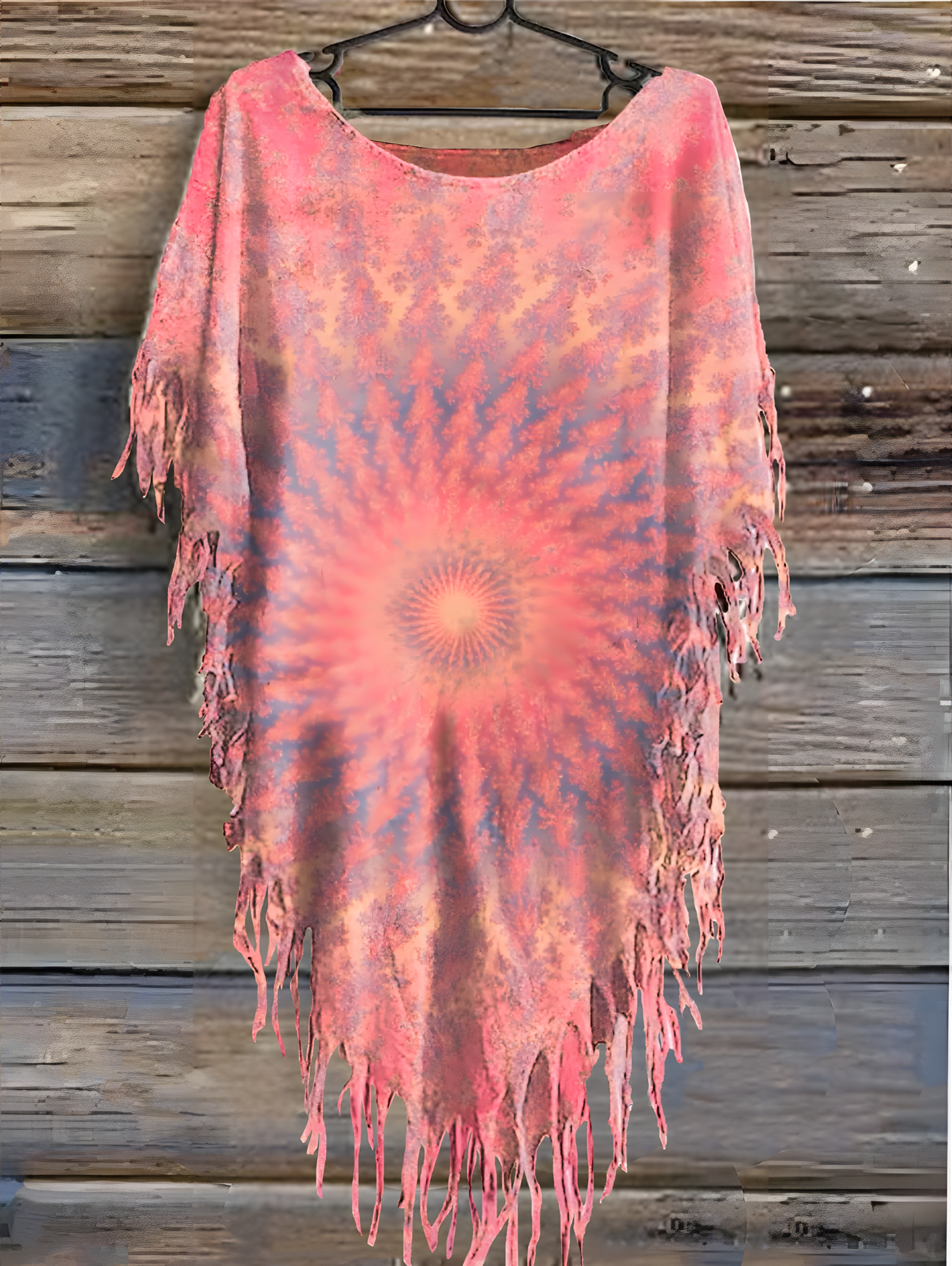 Women's Vintage Tie Dye Print Punk Hippie Batwing Tussle Fringes Poncho T-Shirt