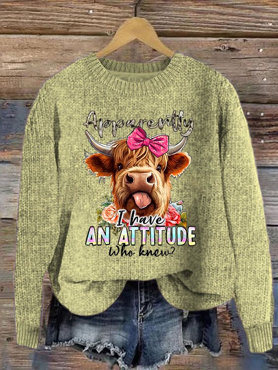 Women's Cute Highland Cow Print Knitted Crew Neck Sweater