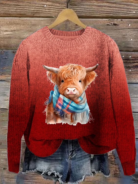 Women's Cute Highland Cow Print Knitted Crew Neck Sweater