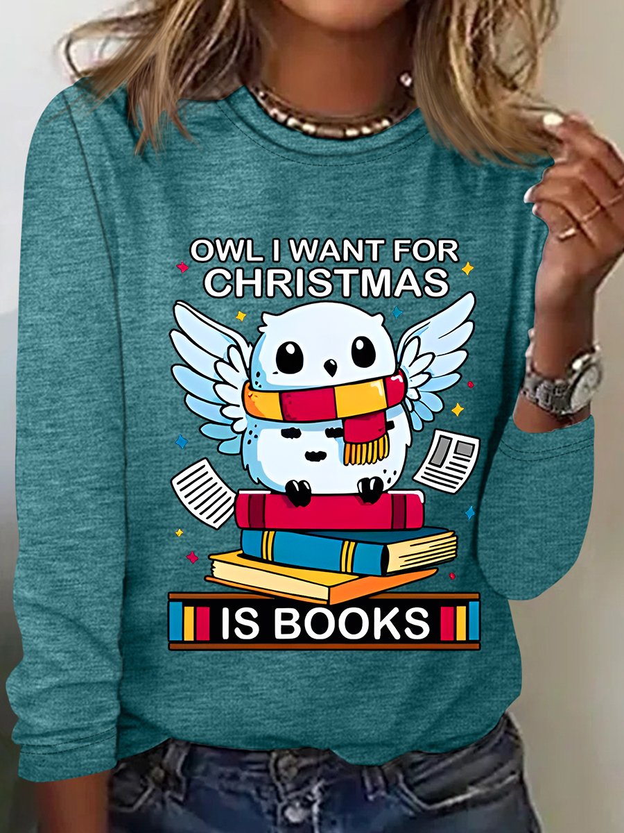 Owl I Want For Christmas Is Books Casual Long Sleeve Shirt