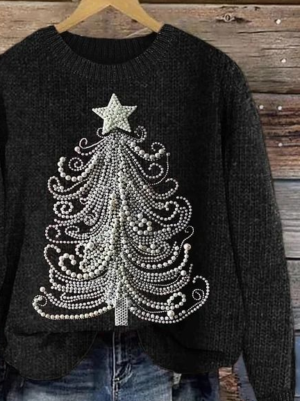 Women's Christmas Tree Print Knitted Crew Neck Sweater