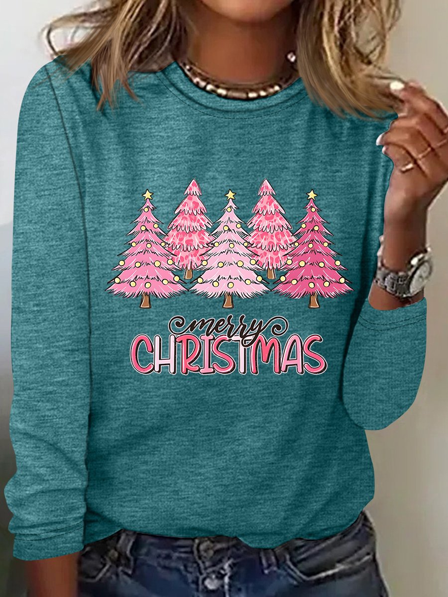 Pink Tree Christmas Casual Long Sleeve Shirt