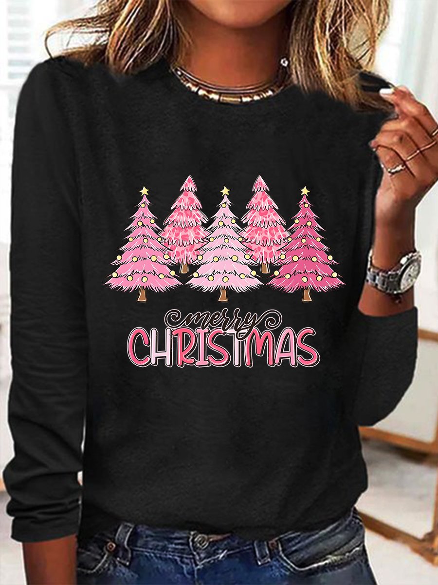 Pink Tree Christmas Casual Long Sleeve Shirt