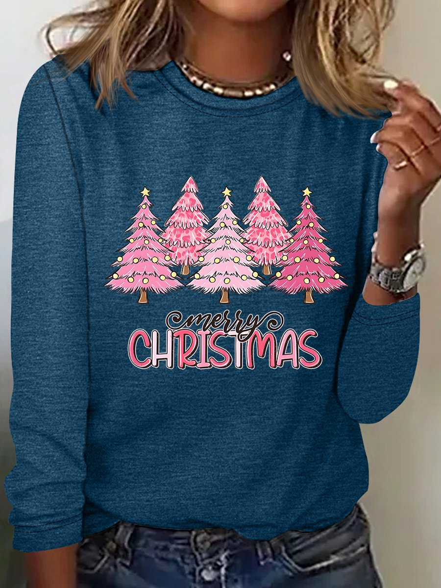 Pink Tree Christmas Casual Long Sleeve Shirt