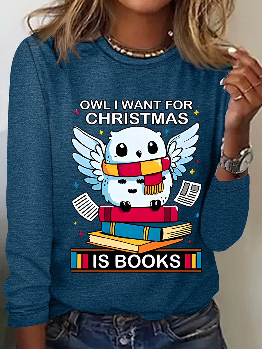 Owl I Want For Christmas Is Books Casual Long Sleeve Shirt