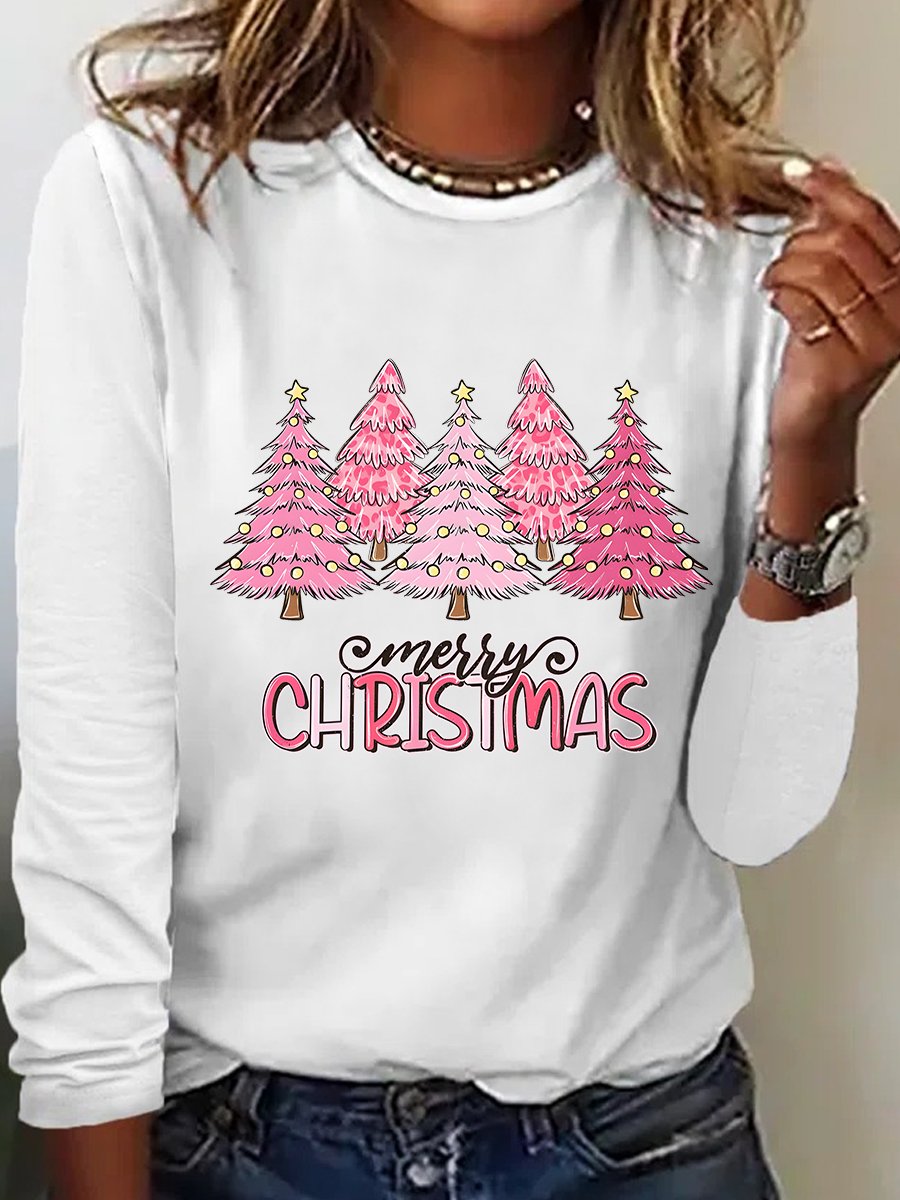 Pink Tree Christmas Casual Long Sleeve Shirt