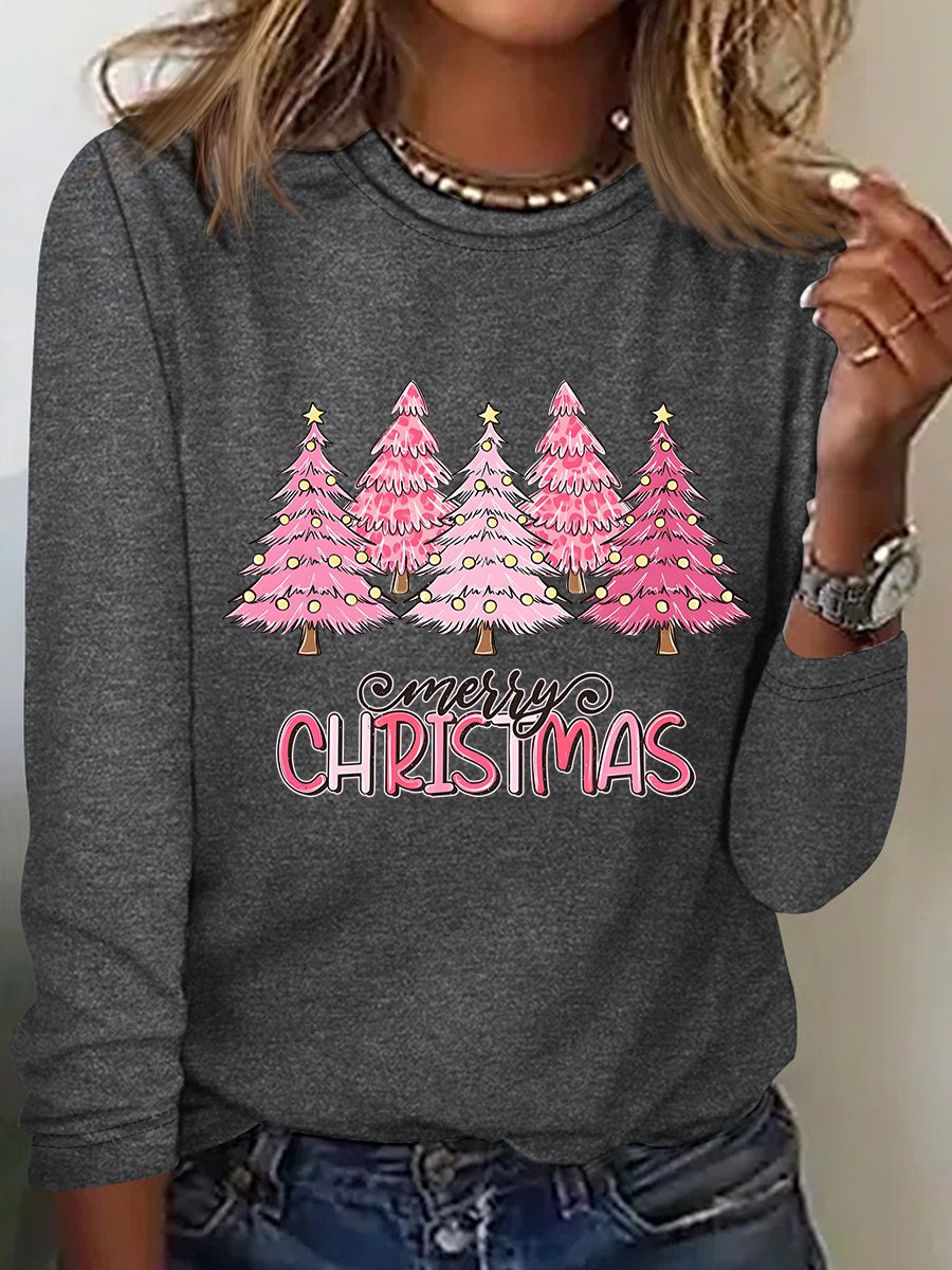 Pink Tree Christmas Casual Long Sleeve Shirt