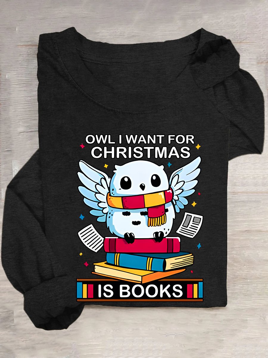 Owl I Want For Christmas Is Books Casual Long Sleeve Shirt