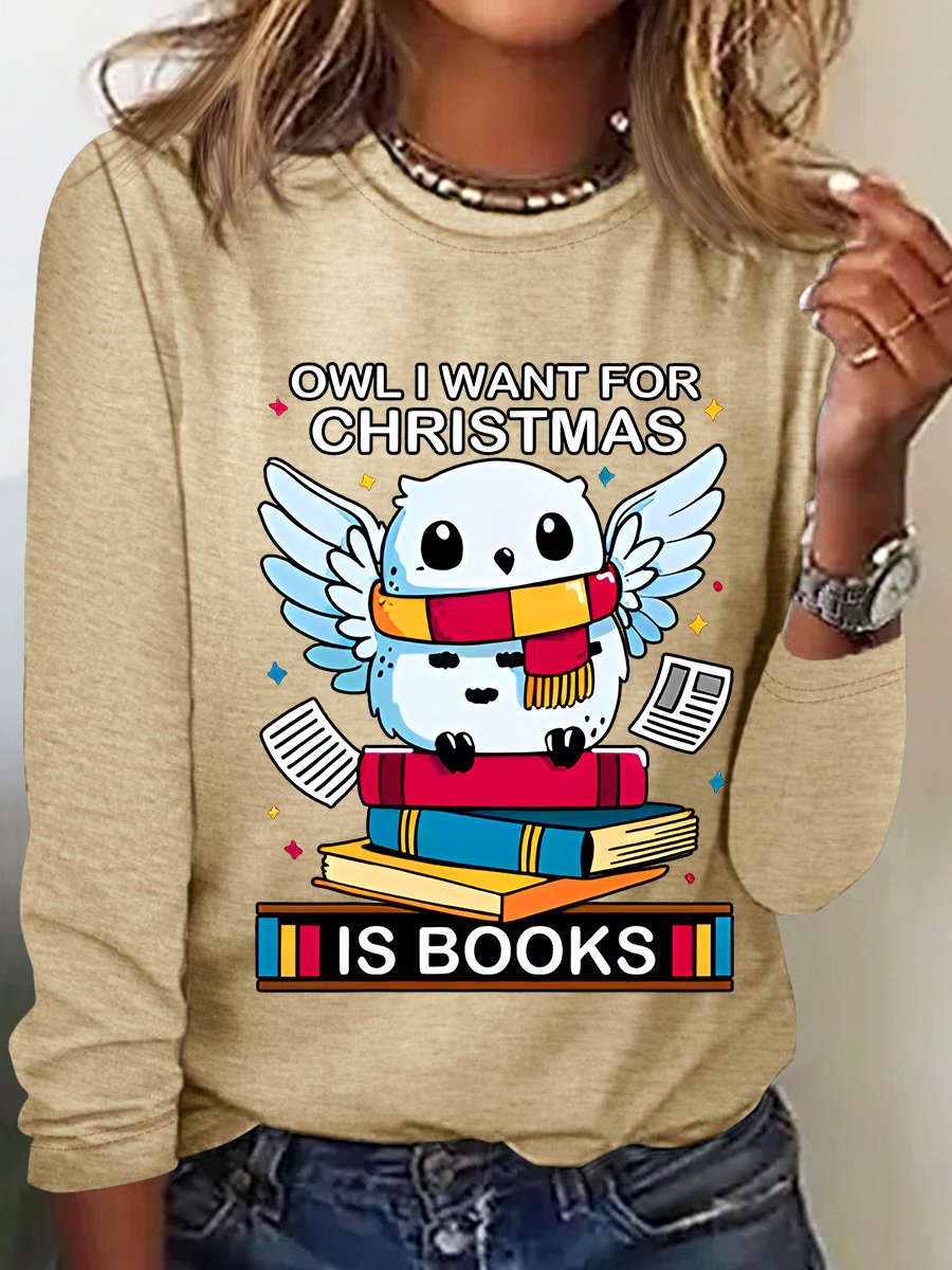 Owl I Want For Christmas Is Books Casual Long Sleeve Shirt