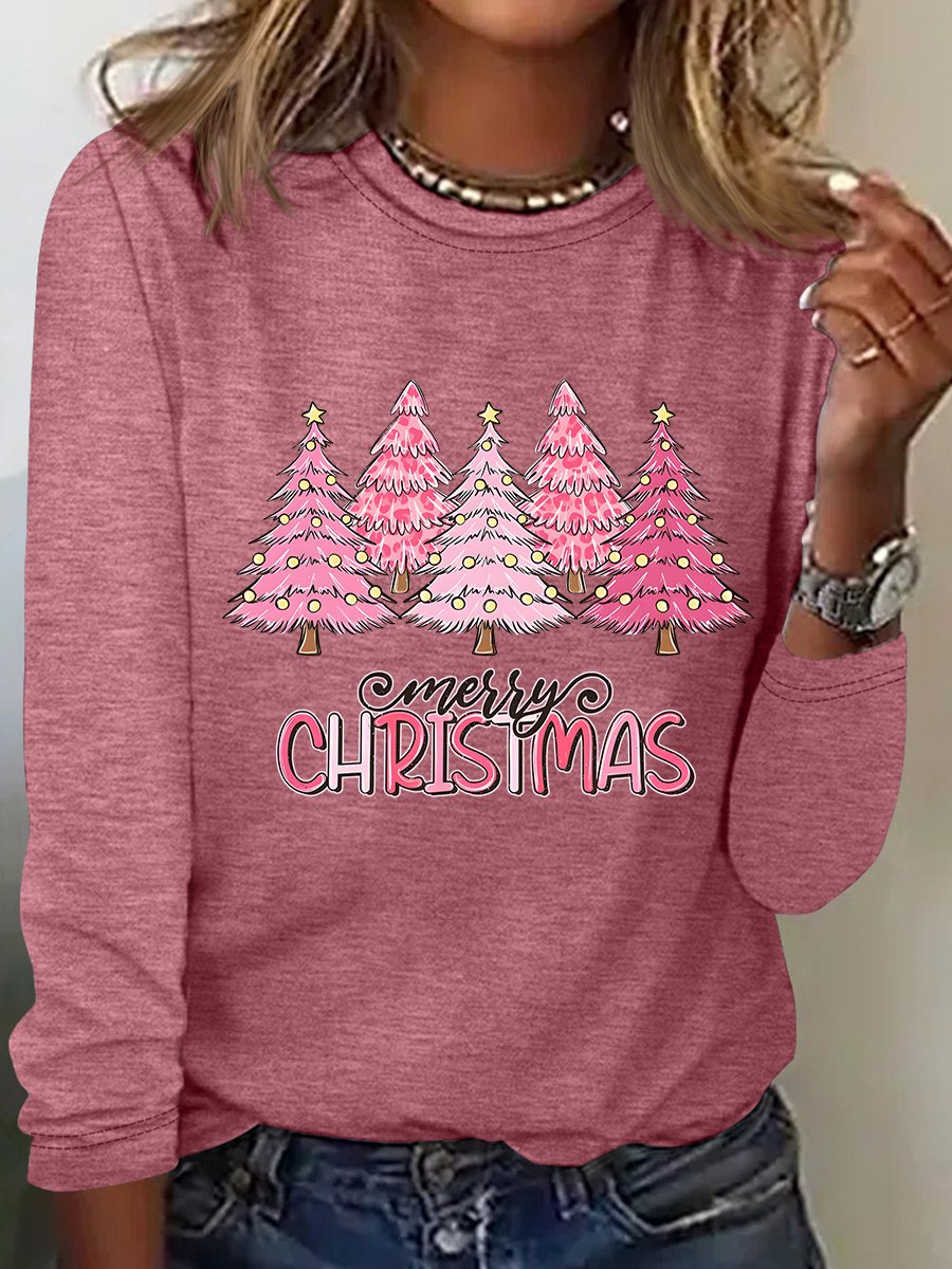 Pink Tree Christmas Casual Long Sleeve Shirt