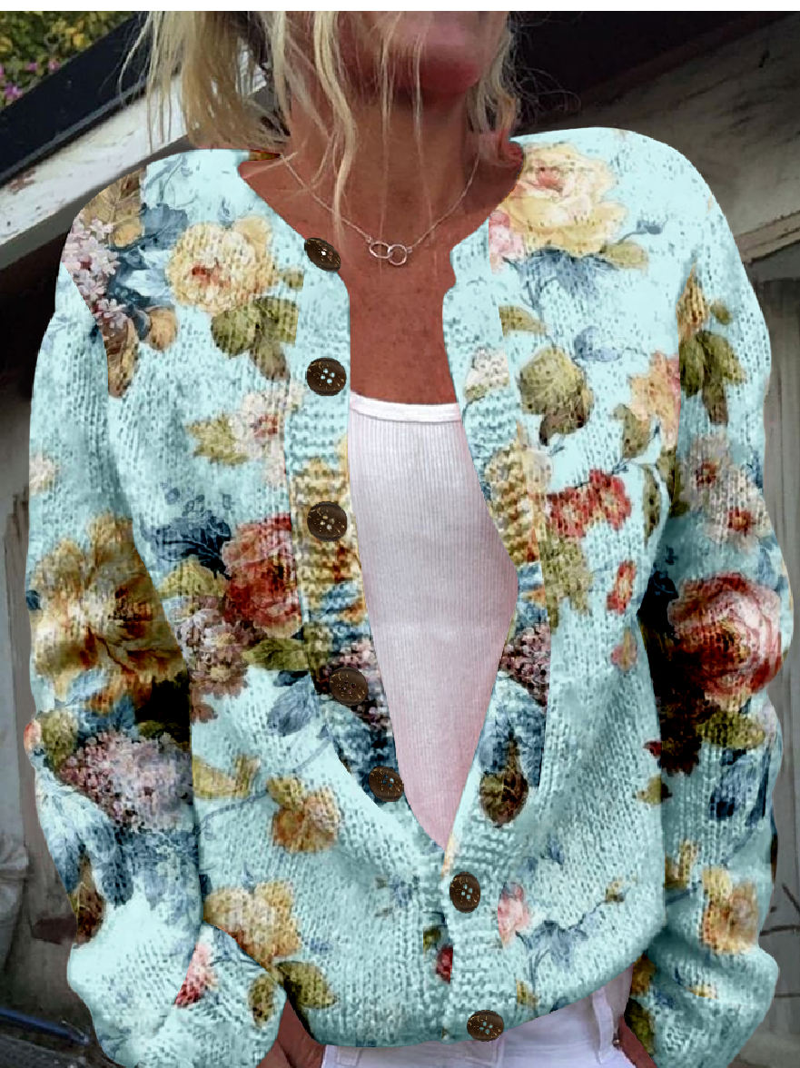 Retro Fresh Flowers Print Buttoned Cardigan Sweater