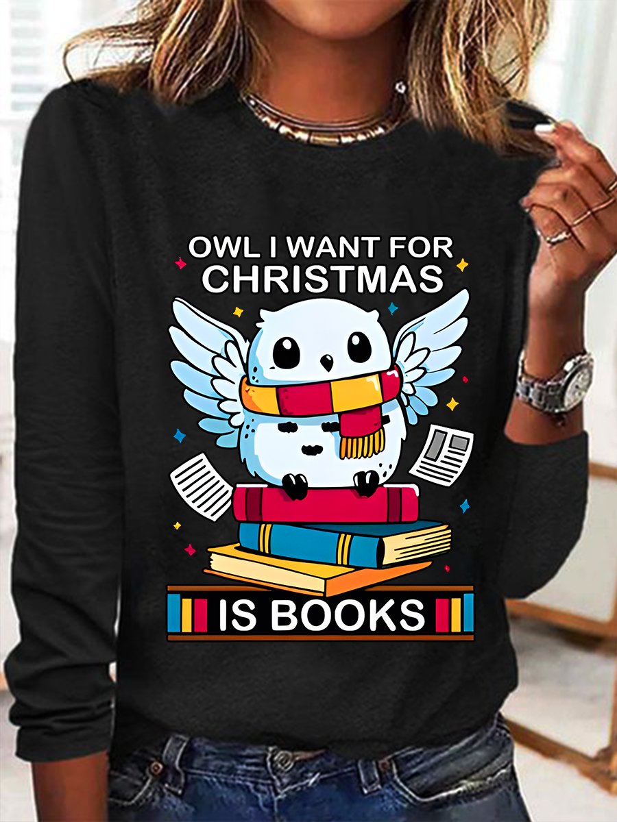 Owl I Want For Christmas Is Books Casual Long Sleeve Shirt