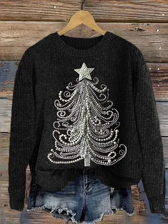 Women's Christmas Tree Print Knitted Crew Neck Sweater