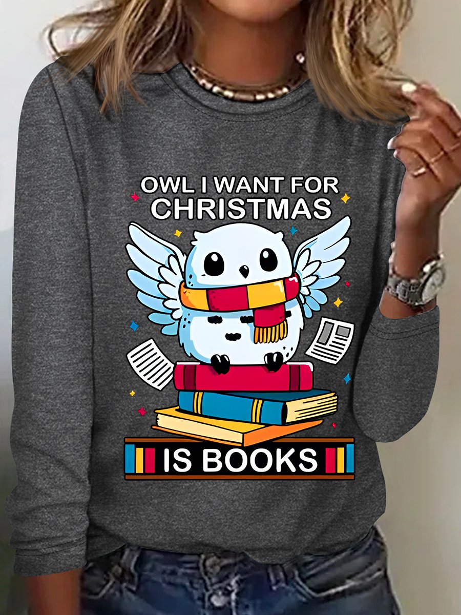 Owl I Want For Christmas Is Books Casual Long Sleeve Shirt