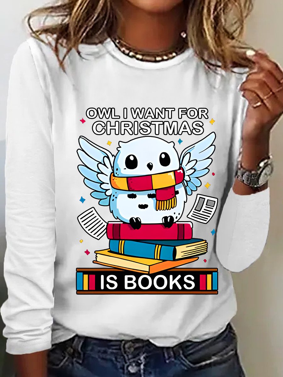 Owl I Want For Christmas Is Books Casual Long Sleeve Shirt