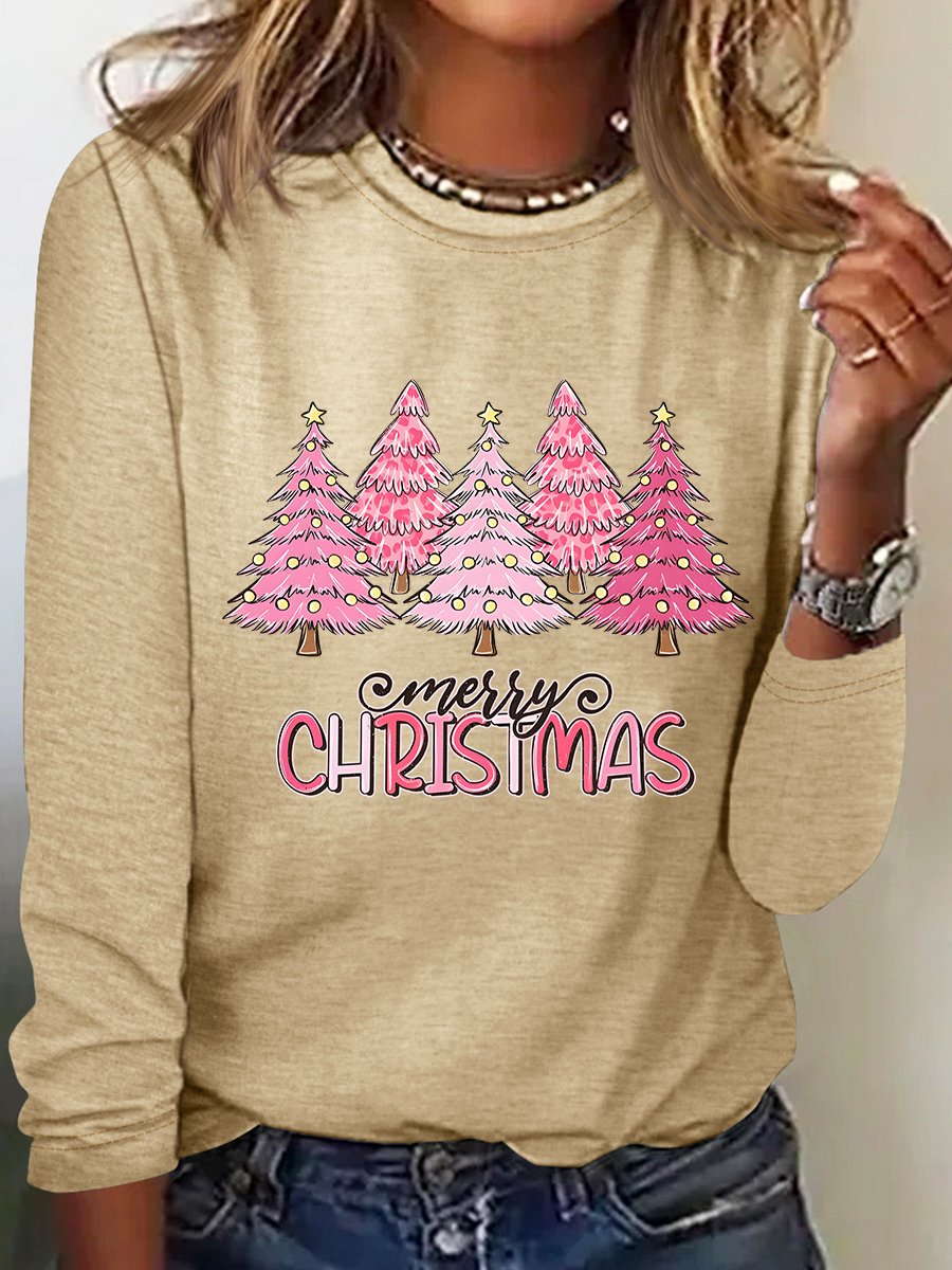 Pink Tree Christmas Casual Long Sleeve Shirt