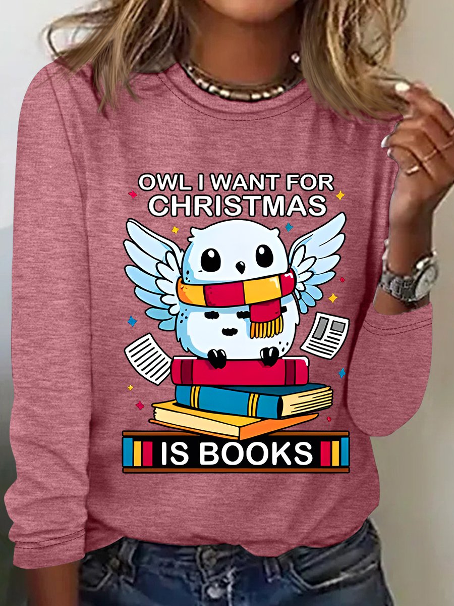 Owl I Want For Christmas Is Books Casual Long Sleeve Shirt