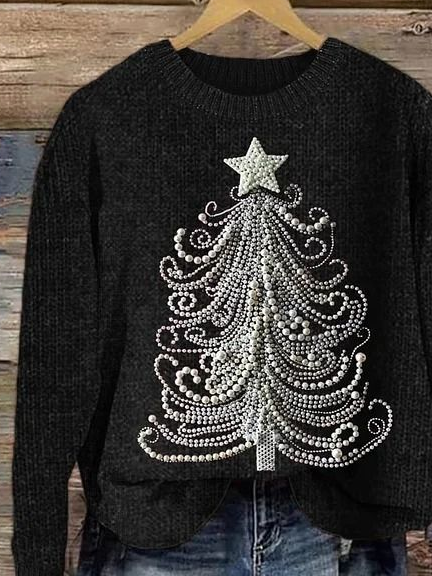 Women's Christmas Tree Print Knitted Crew Neck Sweater