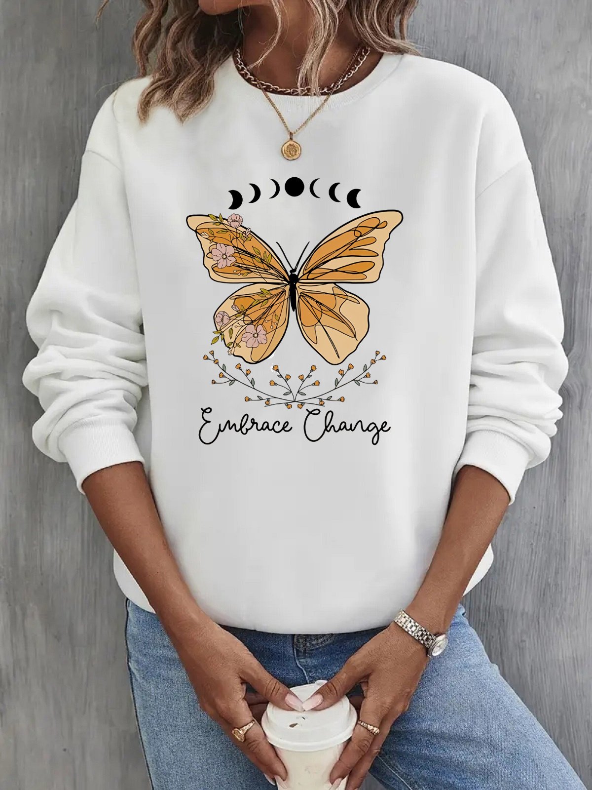 Loose Crew Neck Casual Butterfly Sweatshirt