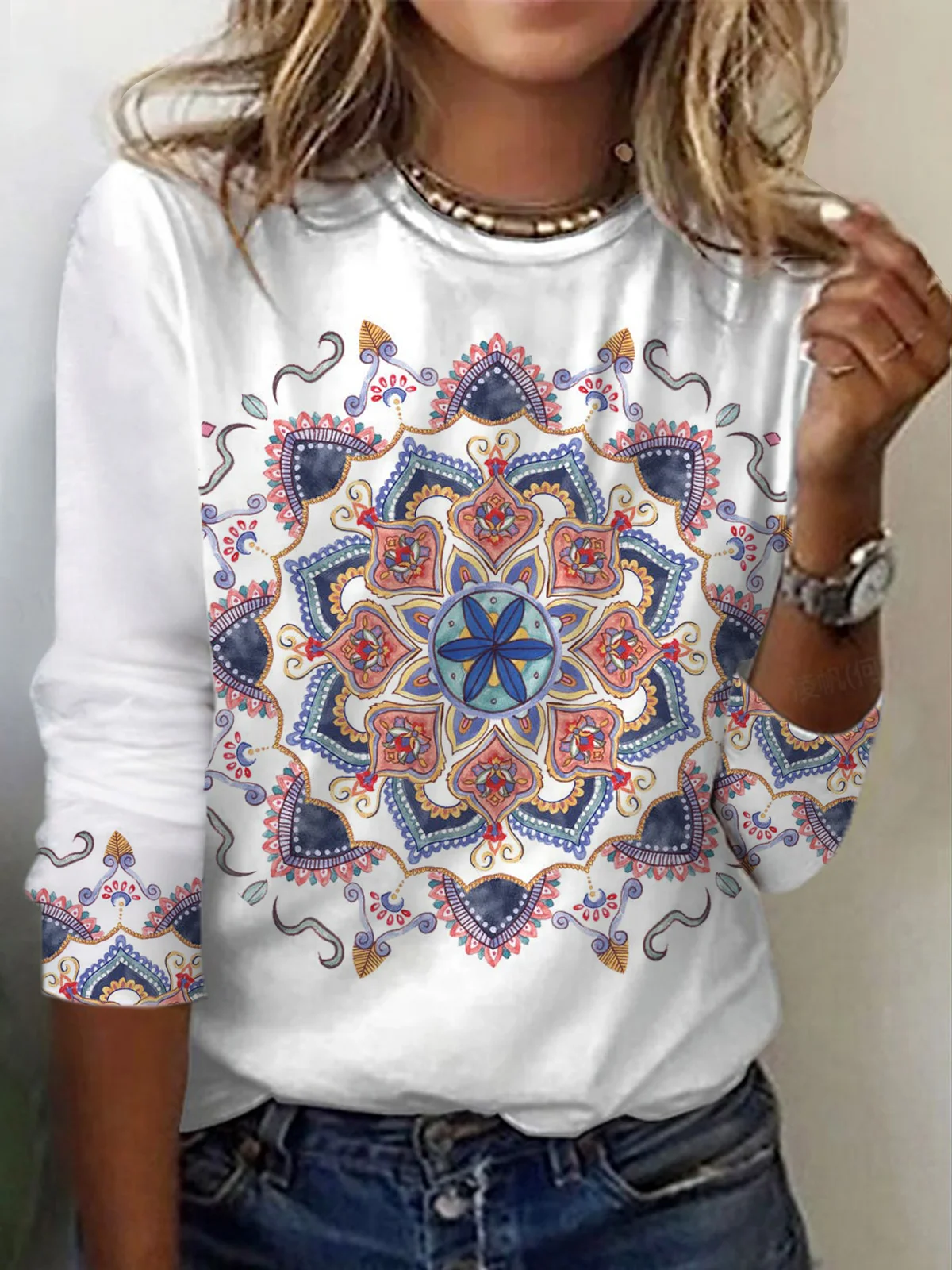 Women's Long Sleeve T-shirt Spring/Fall White Ethnic Jersey Crew Neck Daily Going Out Casual Top