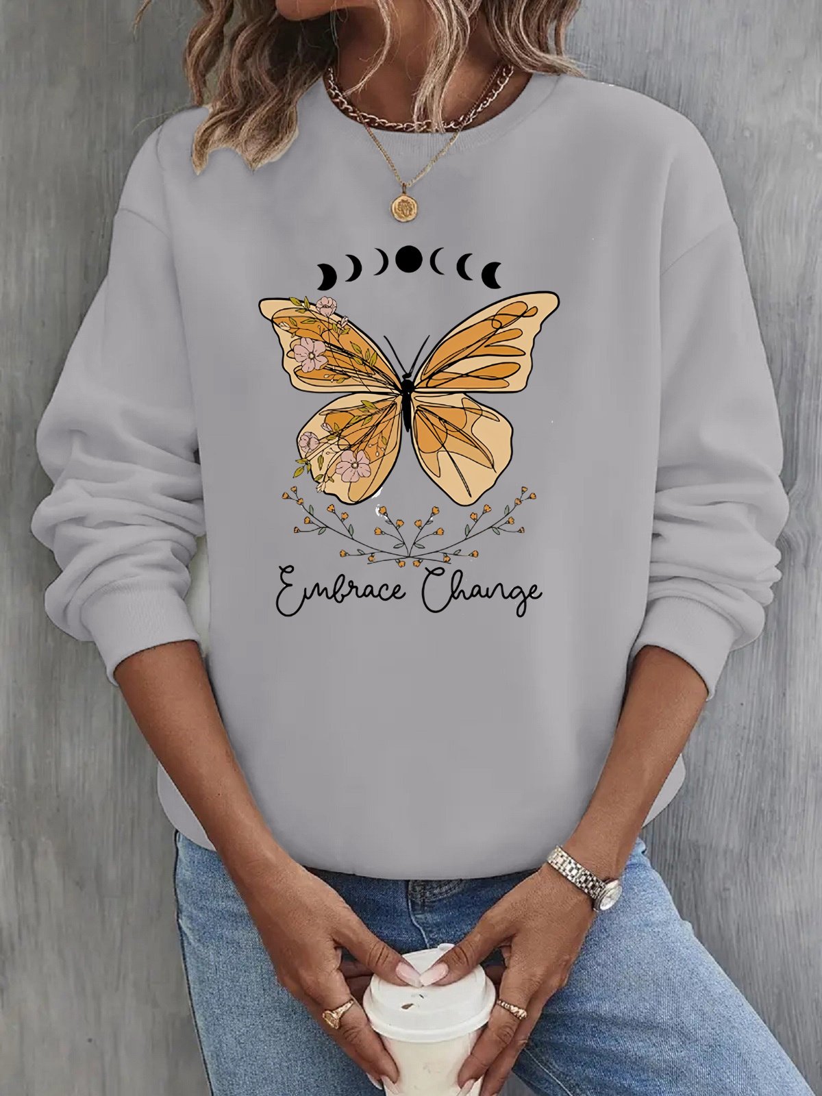 Loose Crew Neck Casual Butterfly Sweatshirt